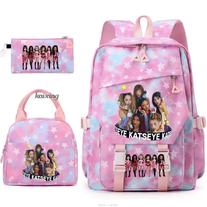 nouveaux sacs à dos katseye à imprimé amusant, 3 pièces/ensemble, sac d'école pour étudiants, sac de voyage pour adolescents, filles et garçons, sacs à lunch, sac à dos