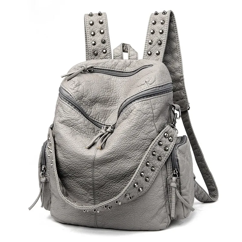 sac dos cuir souple polyester bleu noir gris marron poche ouverte fermeture éclair bandoulière arquée usage voyage femme décontracté