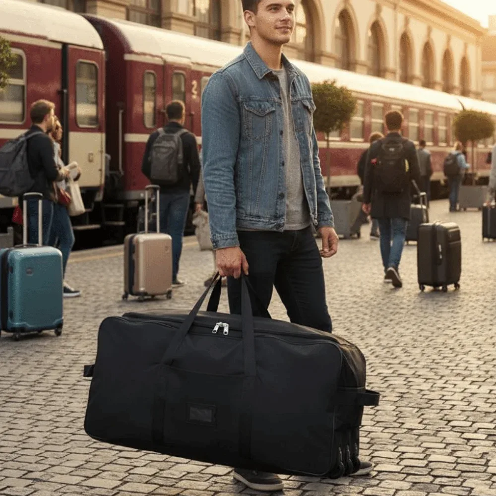 sac de voyage pliable pour week-end, grande capacité, imperméable, sac de rangement pour bagages avec roues amovibles et plusieurs compartiments