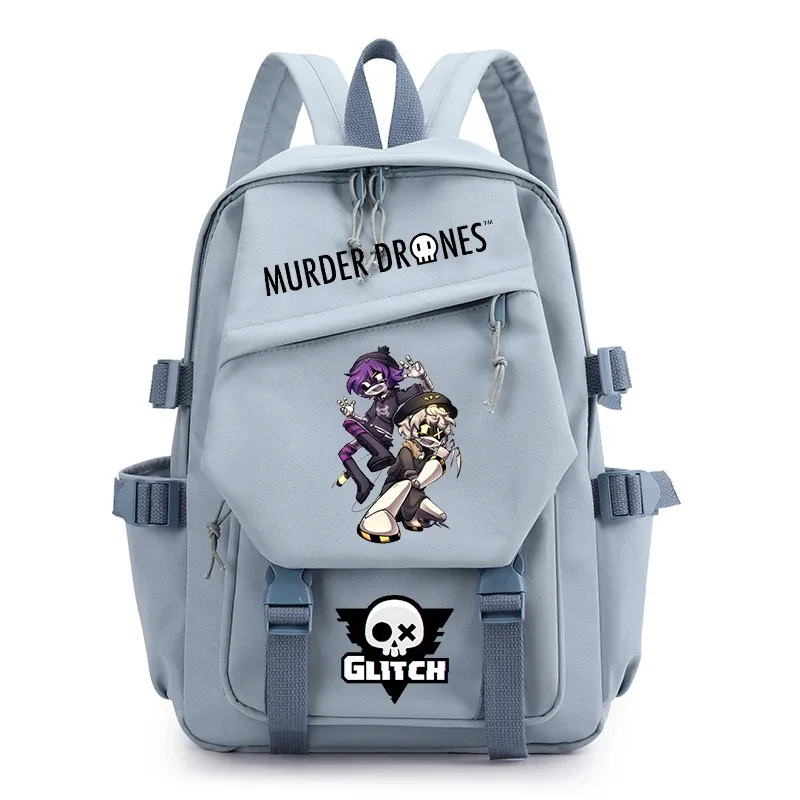 sac dos nylon dessin animé fille guitare murder drones glitch crâne hexagonal gris noir rose vert pastel bandoulière arcuée fermeture éclair usage voyage école
