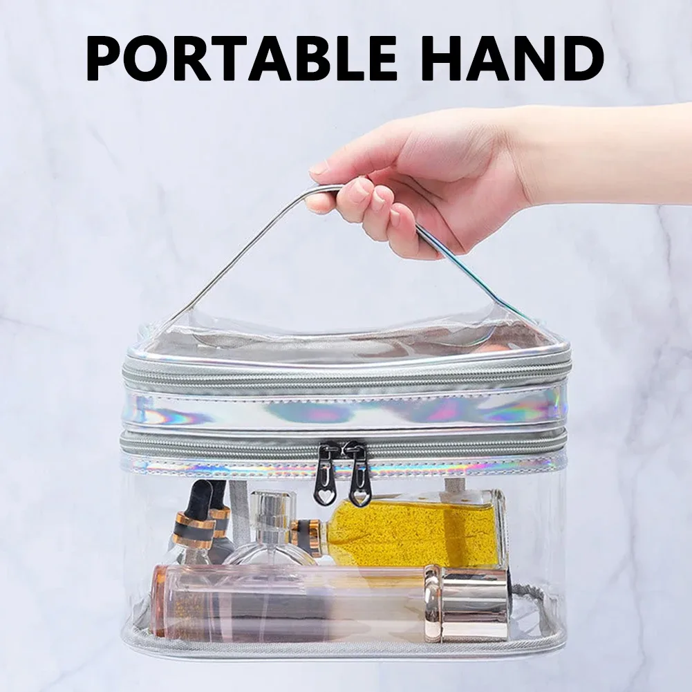 sac de maquillage transparent portable, sac à cosmétiques double couche en pvc, sac de toilette étanche de grande capacité, pochette de rangement de voyage transparente