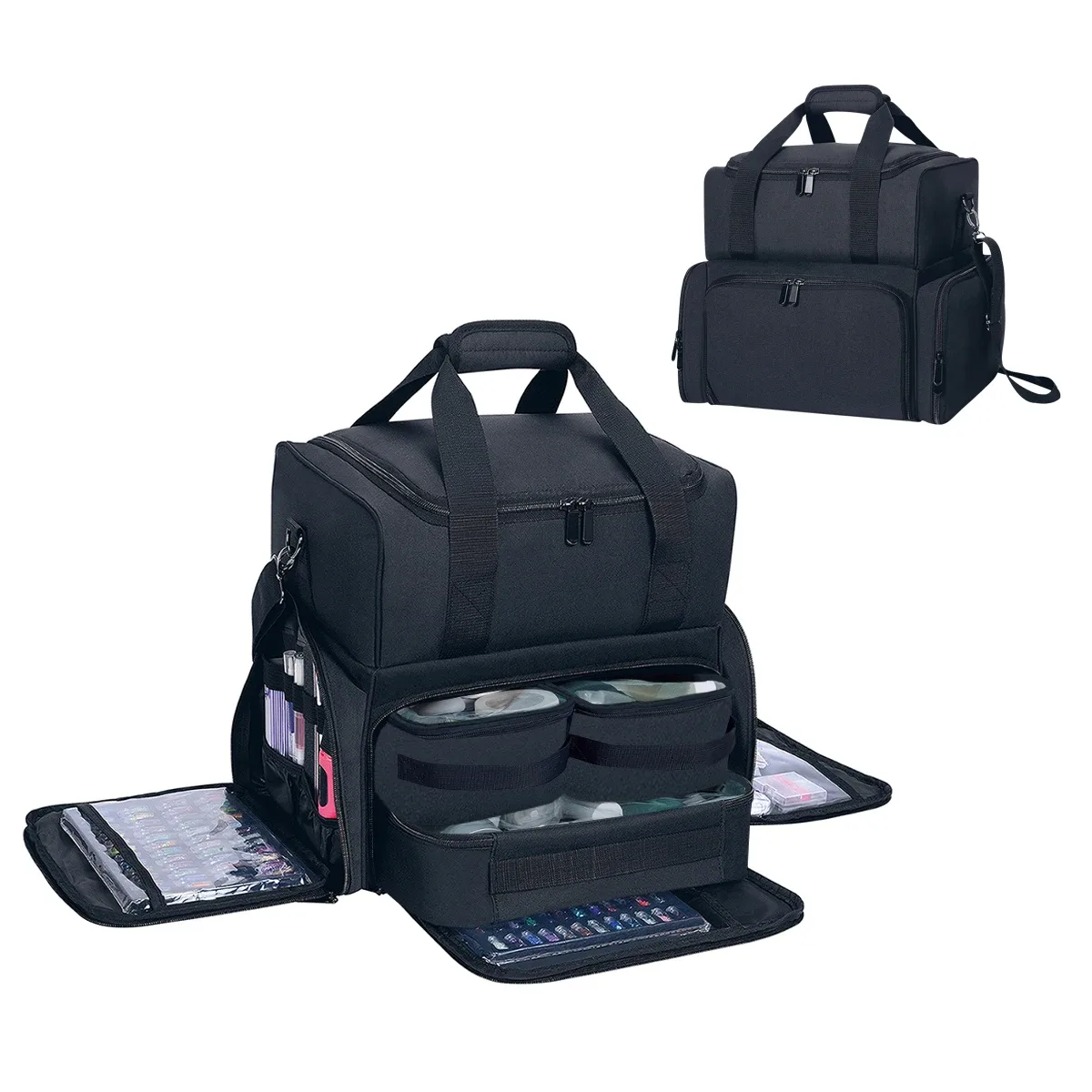 uozl trousse de maquillage double couche de grande capacité avec 3 pochettes amovibles et 2 compartiments amovibles avec bandoulière réglable