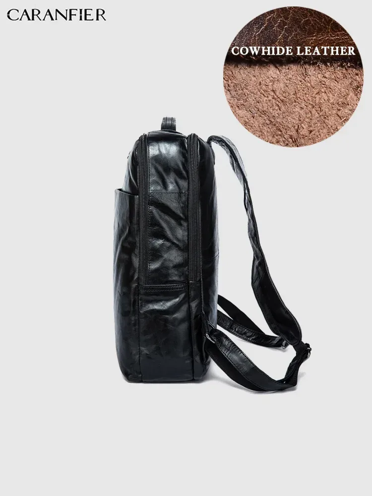 sac dos cuir vache noir polyester intermédiaire informatique bandoulière arquée fermeture éclair rectangulaire coins arrondis grande capacité usage voyage