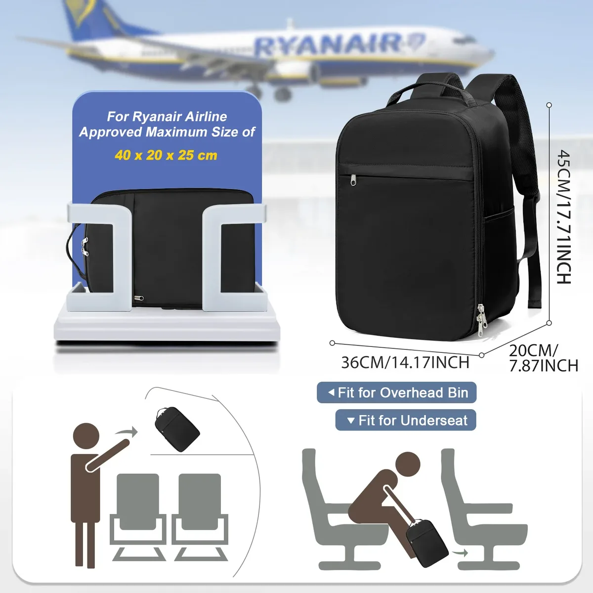 sac à dos de voyage pour cabine d'avion 45x36x20 pour easyjet, sac à dos de cabine, valise, bagage à main pour voyage, école