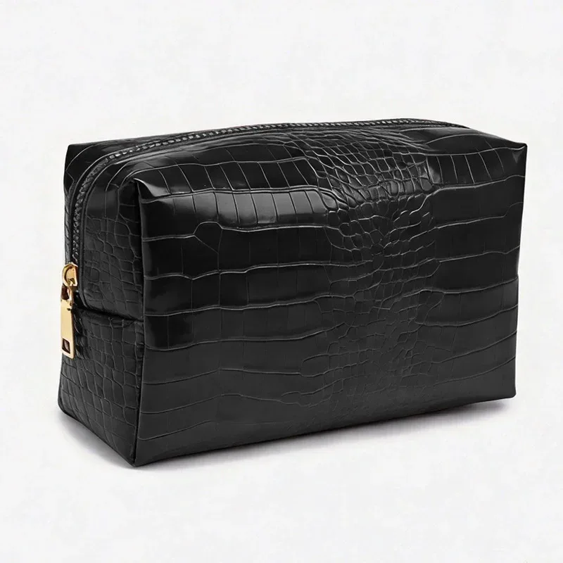 pochette de maquillage en pu gaufré crocodile pour femmes, étanche, structurée, organiseur de rangement haut de gamme non pliable