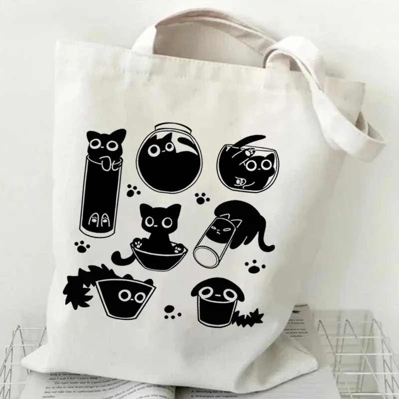 sac fourre-tout en toile imprimé chat, motif chat de dessin animé mignon, sac à bandoulière pour les courses quotidiennes, pour les amoureux des animaux de compagnie, bolso grande mujer