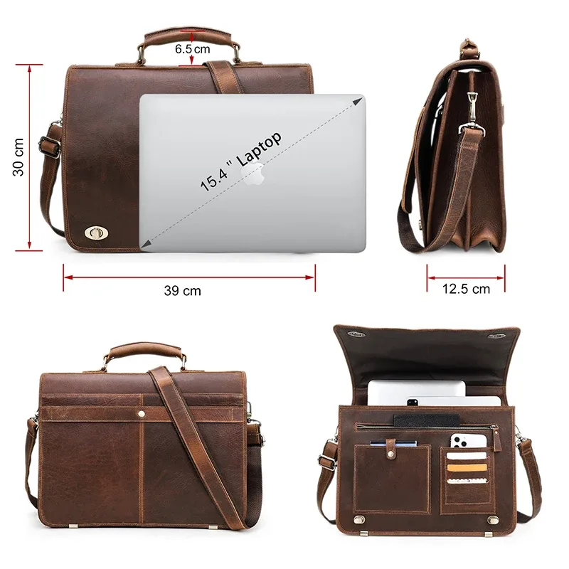 porte documents cuir vraie vache polyester darkbrown loquet sécurité poignées bandoulière compartiments ordinateur portable smartphone cartes voyage