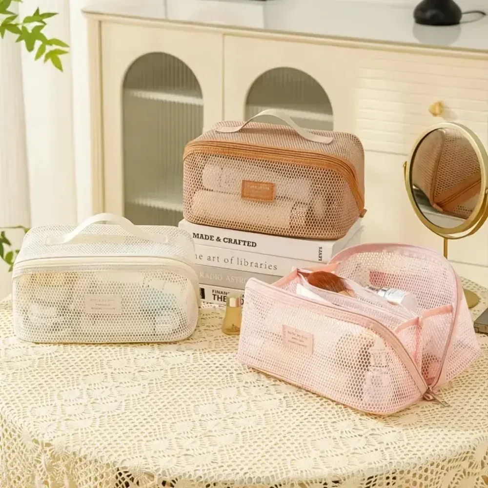 sac à cosmétiques en maille pour femmes et filles, sac de maquillage léger et portable avec poignée, sac de rangement ajouré pour le voyage