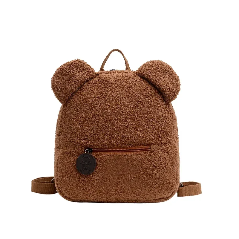 sac à dos en polaire avec oreilles d'ours pour enfants, 1 pièce, petit sac à dos décontracté en laine d'agneau pour filles, cartable pour voyage et shopping