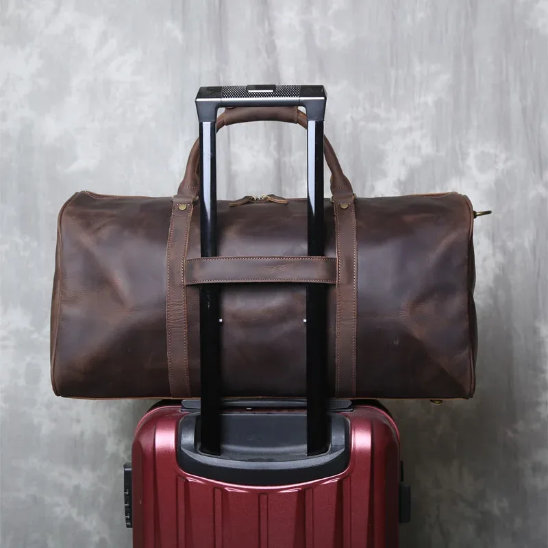 sac de voyage vintage en cuir véritable pour hommes, grande capacité, bandoulière horizontale en cuir de cheval fou, valise portable