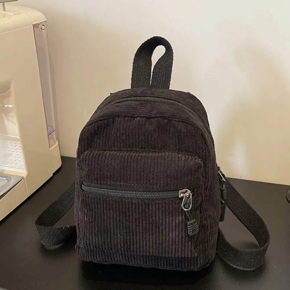 mini sac à dos en velours côtelé de couleur unie, léger, avec fermeture éclair, double bandoulière, portable, multi-poches, sac à dos de jour, décontracté, pour voyage