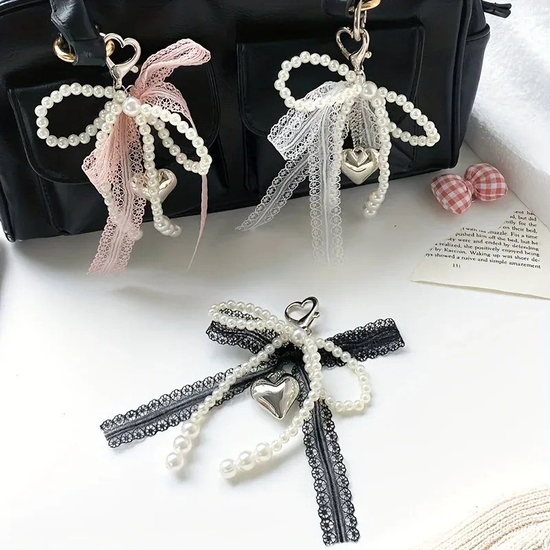 porte-clés nœud en dentelle et perles, nœud en perles pour femme, porte-clés pendentif de sac, porte-clés breloque pour sac à dos, pendentif de sac en forme de cœur, porte-clés à perles, pendentif nœud, accessoires de porte-clés pour cadeaux, portefeuilles, sacs, sacs à dos, sacs à main