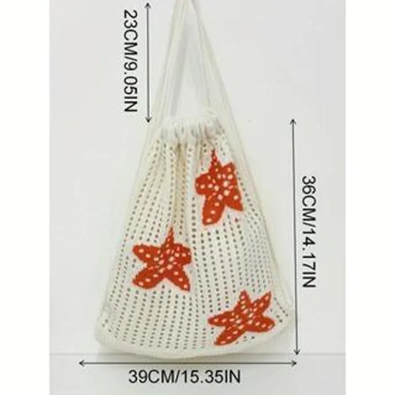 sac à dos tendance en maille brodée étoile de mer ajourée - grande capacité avec cordon de serrage, motif étoile de mer orange, peut contenir un ballon de basket, un ballon de football et des équipements de camping, en