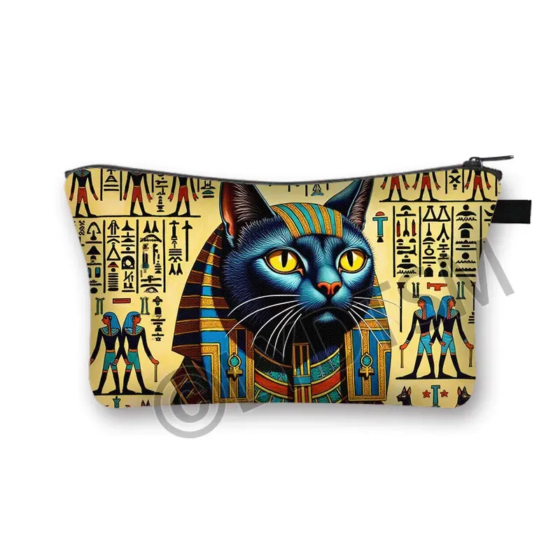 trousse à cosmétiques imprimée chat noir égyptien ancien, sac de maquillage pour femmes, hiéroglyphes égyptiens, croix ankh, rouge à lèvres, serviette, sacs de toilette