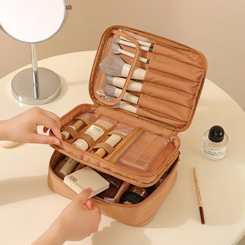 trousse de toilette grande capacité à double compartiment avec séparateurs ; sac de voyage portable en tissu oxford