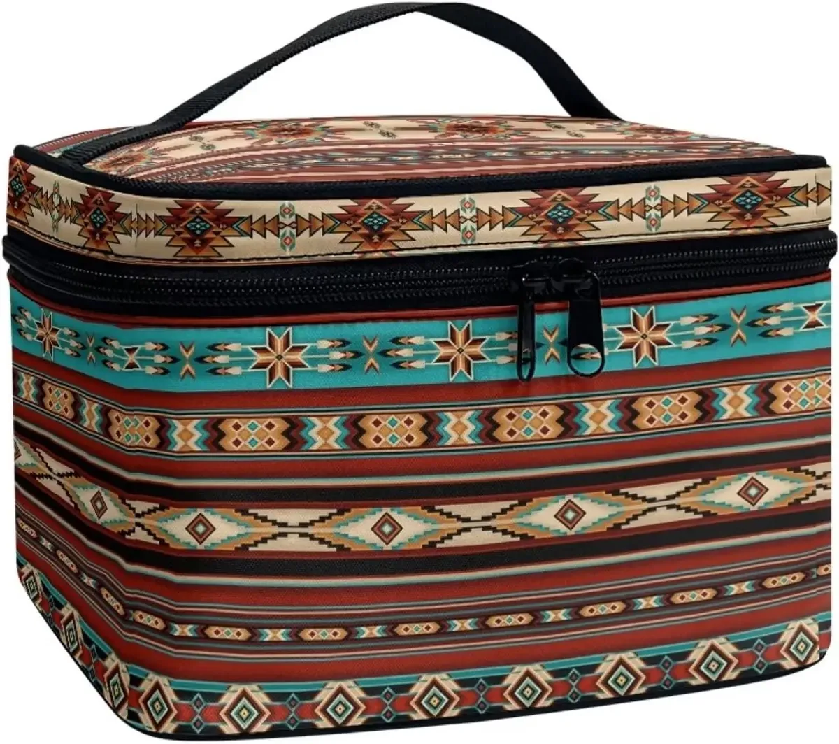 trousse polyester motif floral champignons poignée noire bleu jaune rouge vert voyage maquillage cosmétiques