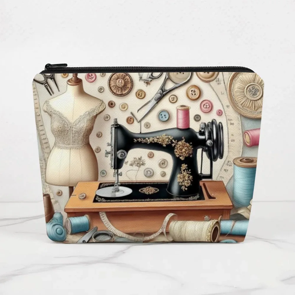 Sac à cosmétiques Vintage pour Machine à coudre et tissu imprimé, pochette de rangement de maquillage à fermeture éclair, étui de voyage léger et pliable, sac de rangement