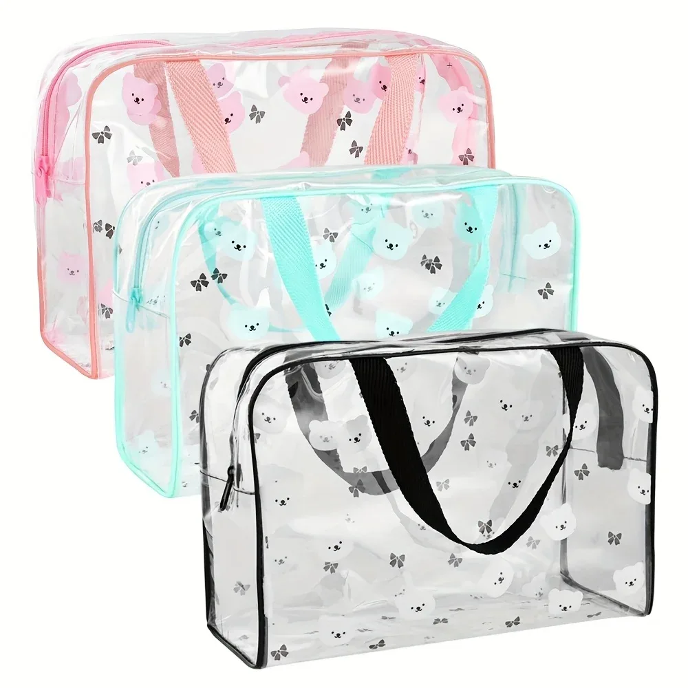 trousse toilette pvc motif ours papillons rose cosmétiques maquillage voyage grande pochette transparente compartiments poignées