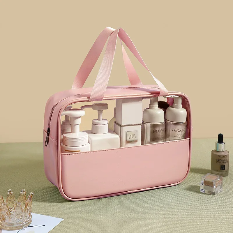 sac à cosmétiques personnalisé avec coutures brodées, sac de bain translucide en pvc de grande capacité, sac de rangement de voyage portable étanche en pu