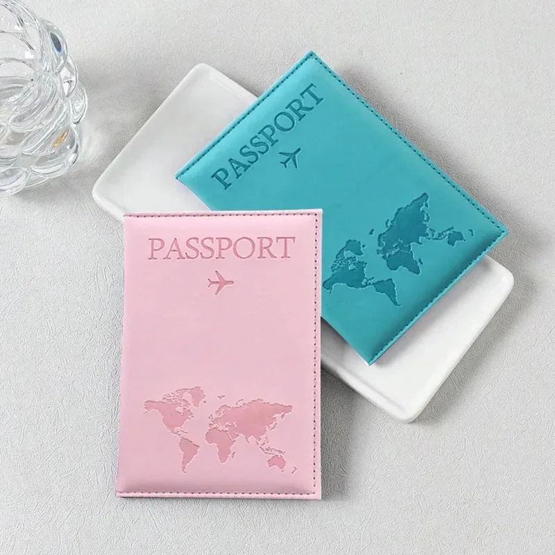 nouvelle housse de passeport en cuir pu pour hommes et femmes - organisateur - porte-cartes de protection - étui pour documents d'identité - housse de passeport de voyage avec carte du monde