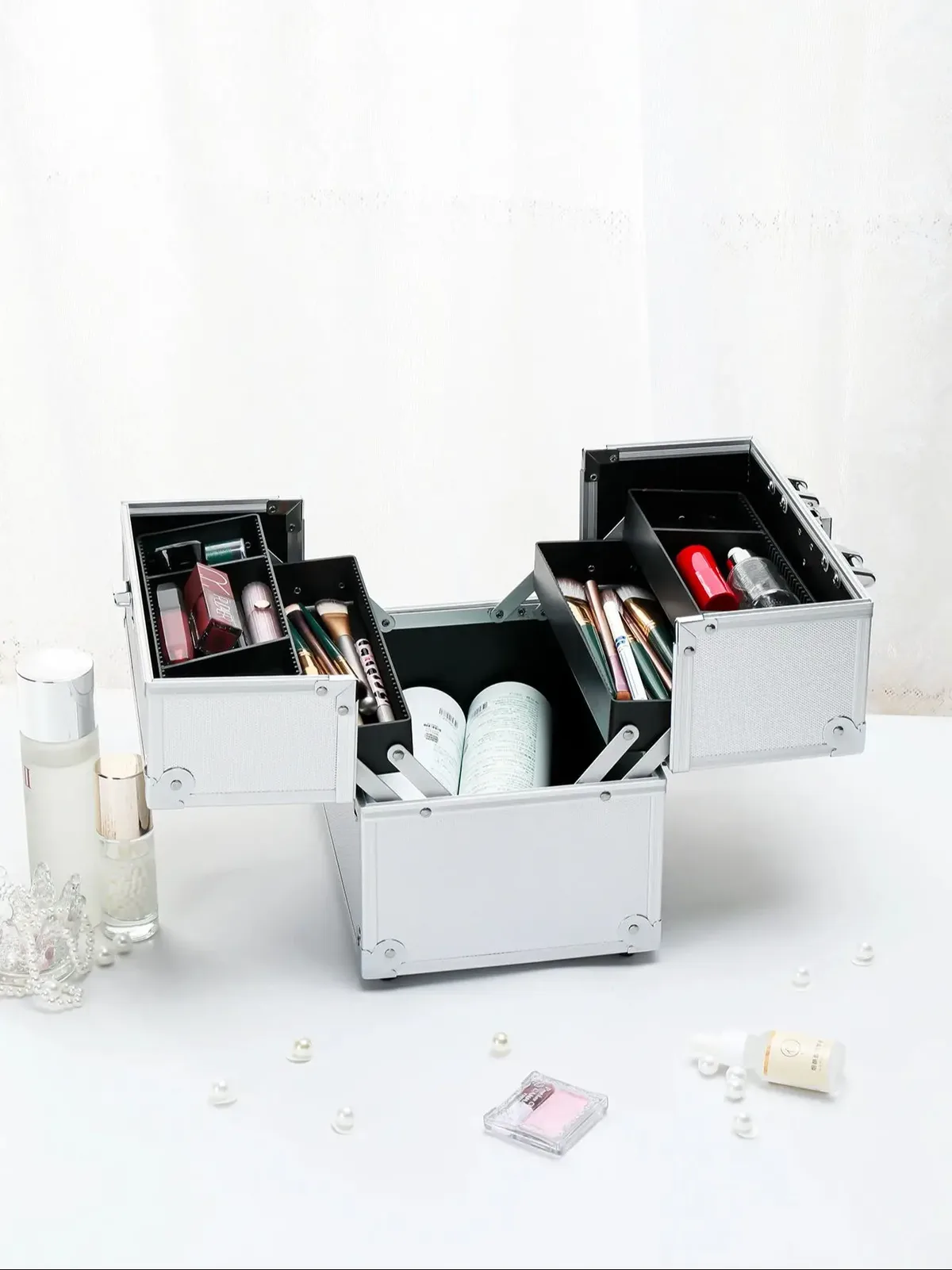 trousse de maquillage, boîte de maquillage extra large, plateaux à 4 niveaux, organisateur de cosmétiques de voyage, verrouillable avec clés