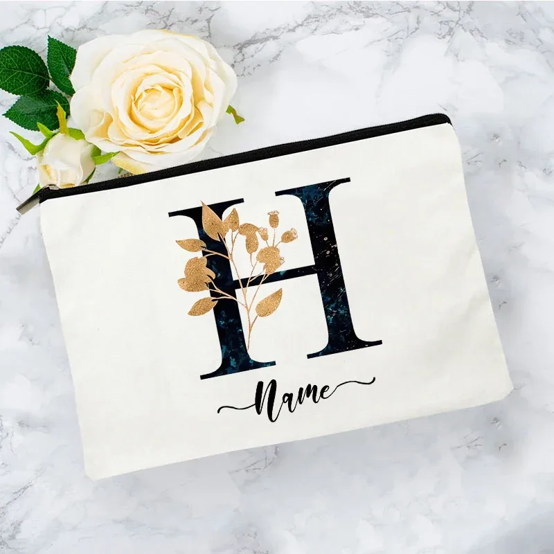 pochette organisatrice en toile noire et or de luxe avec initiales, sac de voyage pour cosmétiques, cadeau de toilette d'anniversaire avec nom personnalisé