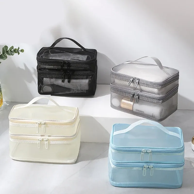 sac de rangement portable à 2 couches en maille avec fermeture éclair, trousse de maquillage à main, sac de voyage pliable transparent, pochette de toilette grande capacité