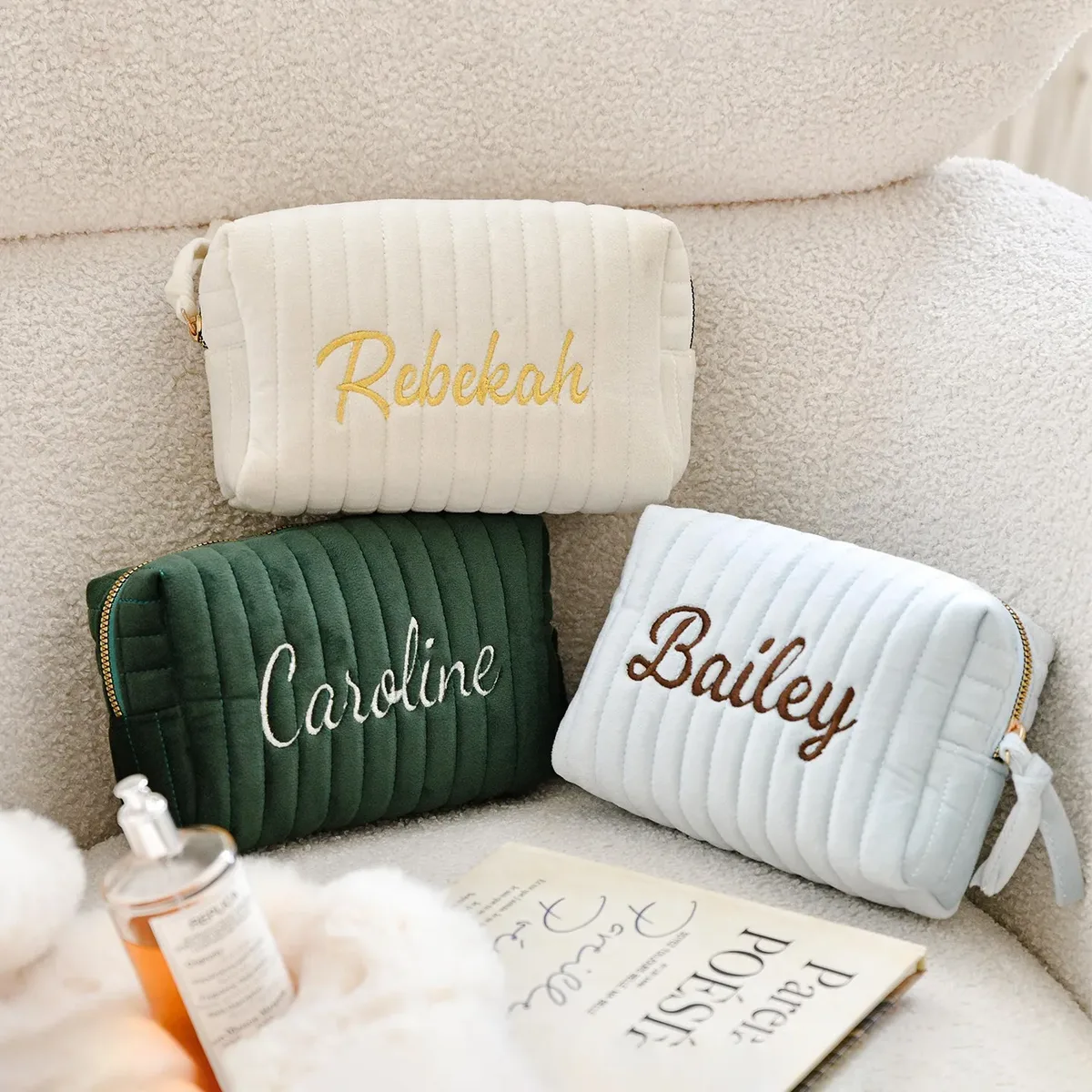 pochette de maquillage en velours côtelé personnalisée avec broderie, trousse de toilette esthétique, cadeau pour femmes et filles, trousse à crayons