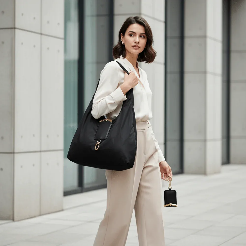 sac fourre-tout avec porte-clés de couleur unie, mini sac de courses pliable peu encombrant, étui ultra-léger en simili cuir