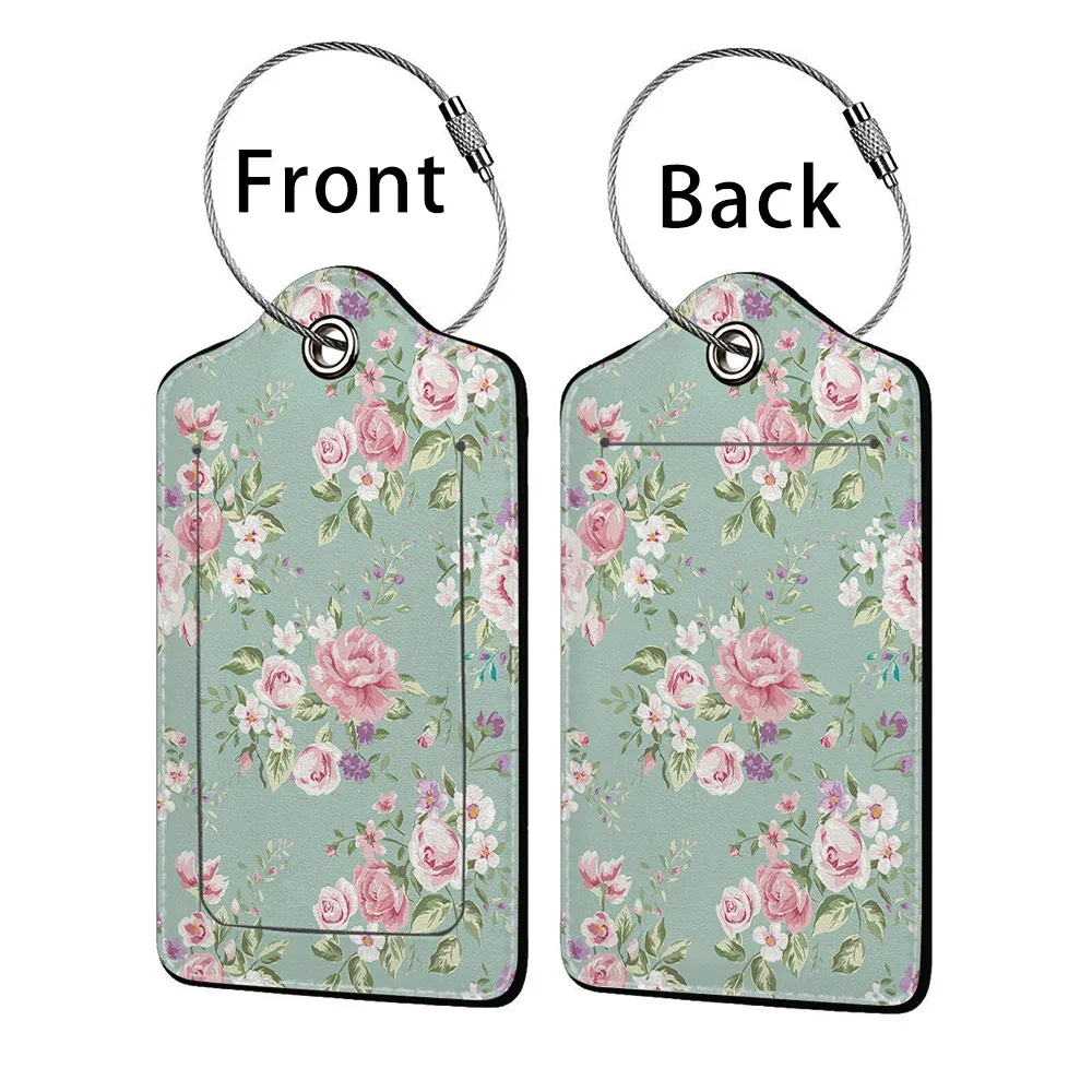 étiquette bagage polyuréthane motif floral subtil fond beige anneau métallique voyage affaires identification nom adresse