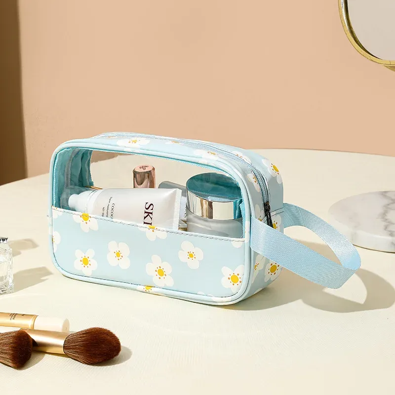 4 pièces sac de maquillage en pvc fleur imprimé sac à main de lavage transparent pochette cosmétique de voyage étanche trousse de toilette pratique porte-monnaie