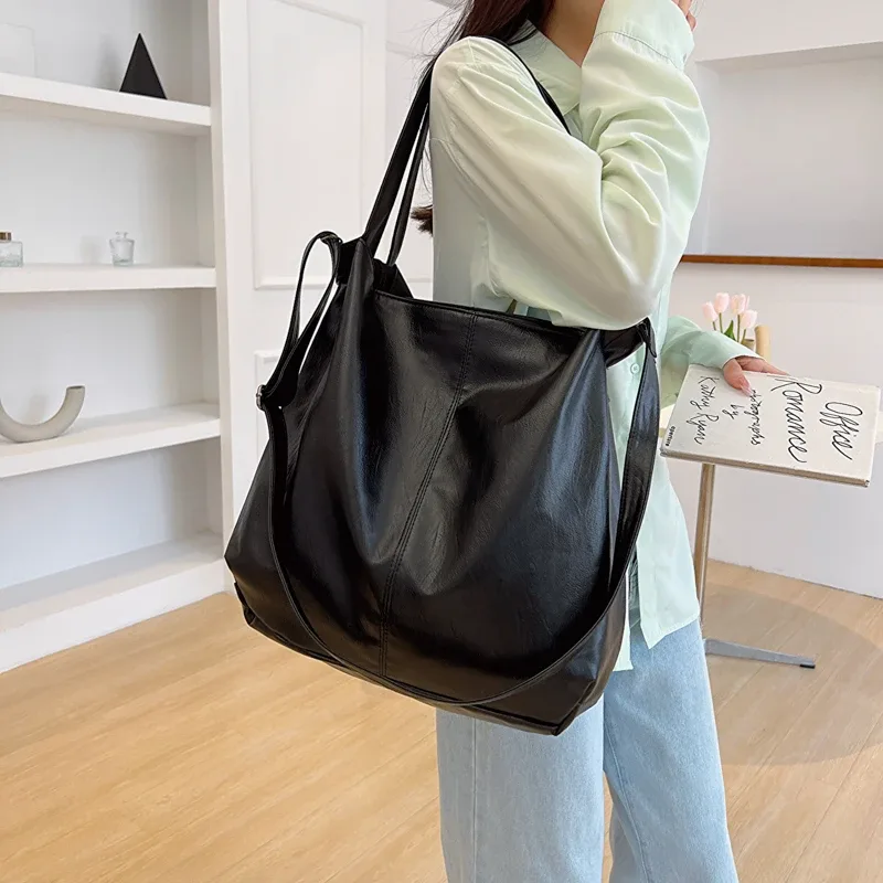 leftside – grand sac fourre-tout en cuir pour femmes, tendance 2025, simple, grande capacité, rétro, sac à bandoulière latéral