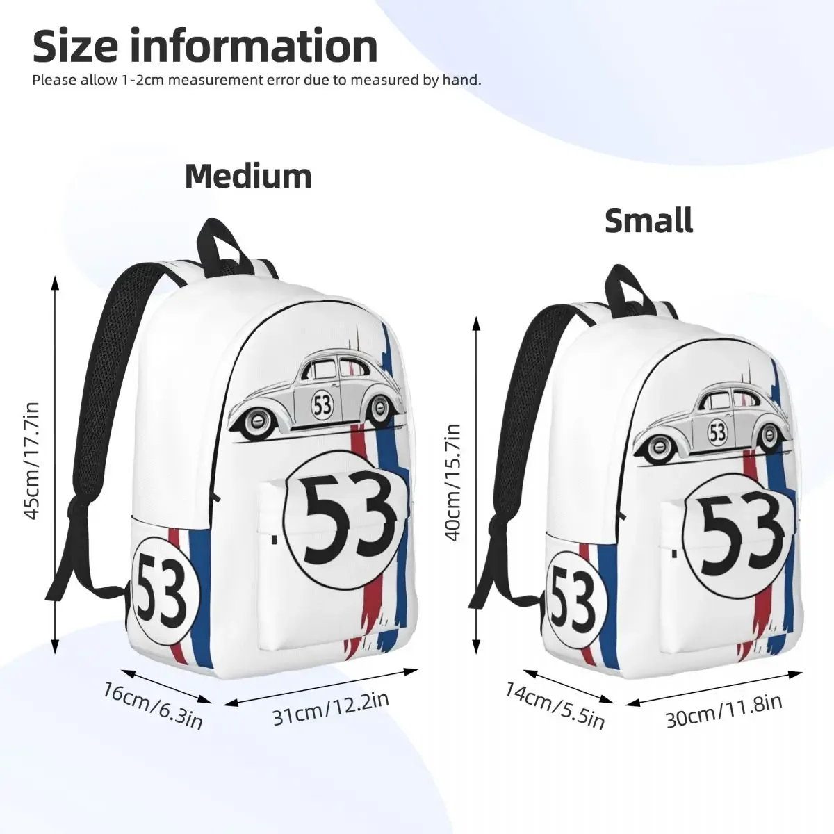 herbie numéro 53 sac à dos pour hommes femmes adolescent école randonnée voyage sac à dos course voiture rayure collège sac à bandoulière avec poche