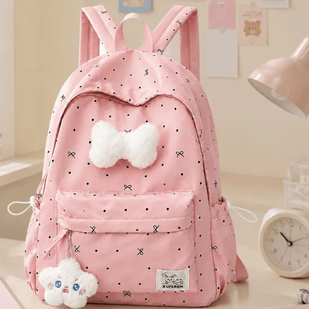 sac à dos tendance léger à pois, décontracté, respirant, pour étudiants, durable, avec nœud, grande capacité, pour filles