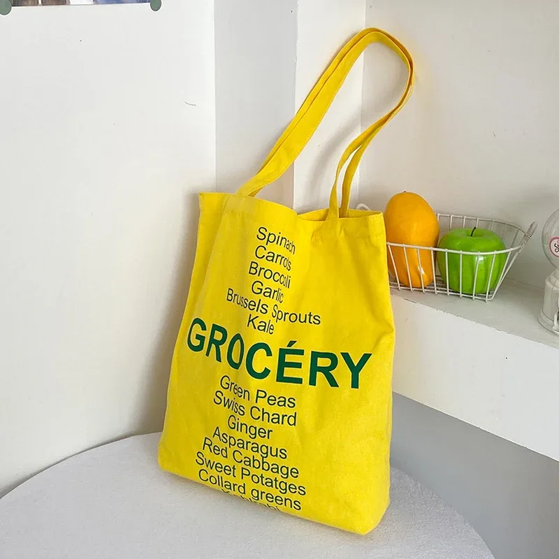 sac de shopping pour femmes, design de liste d'épicerie, sac à bandoulière de couleurs mignonnes pour dames, sac à main en toile écologique, fourre-tout en tissu de coton réutilisable