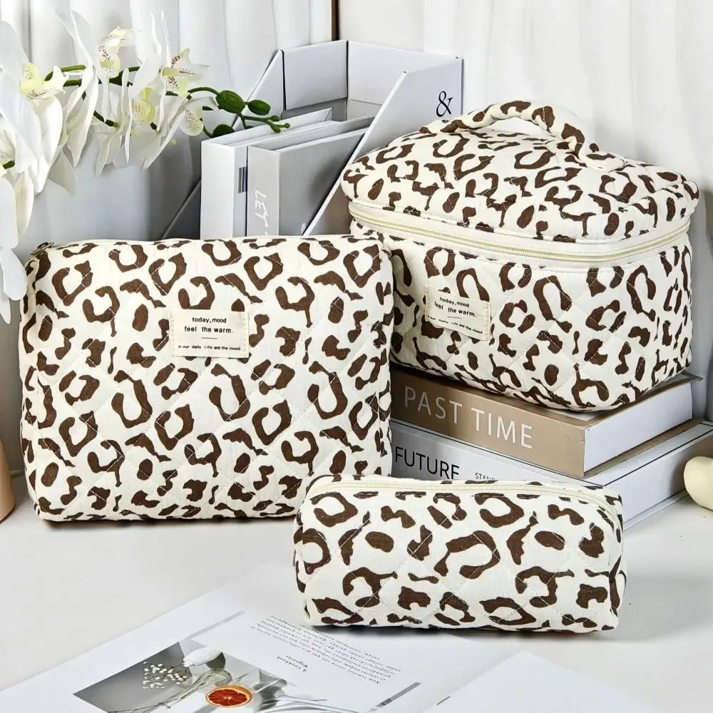 trousse de maquillage matelassée en coton grande capacité avec fermeture éclair, organisateur cosmétique imprimé léopard, sac de toilette portable