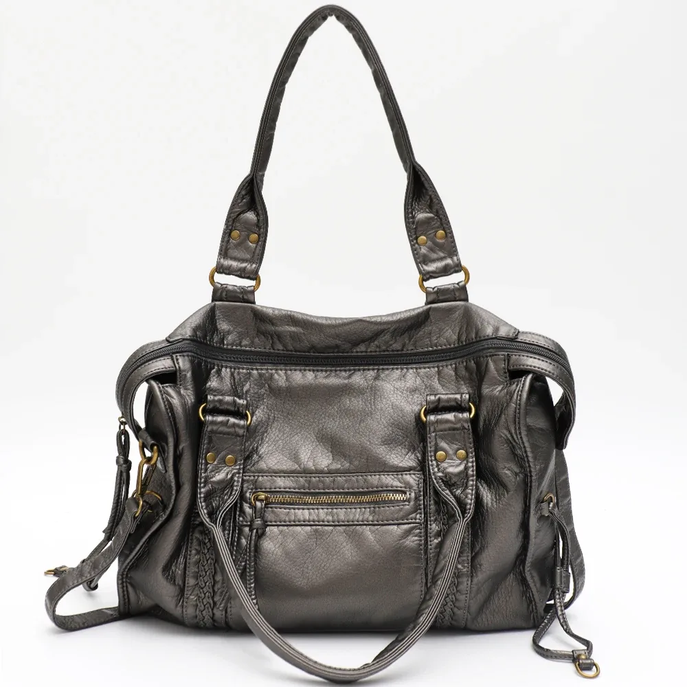 vintage lavé en cuir pu grande capacité fourre-tout poches zippées tresse décor épaule sac à bandoulière unisexe femmes voyage quotidien sac à main