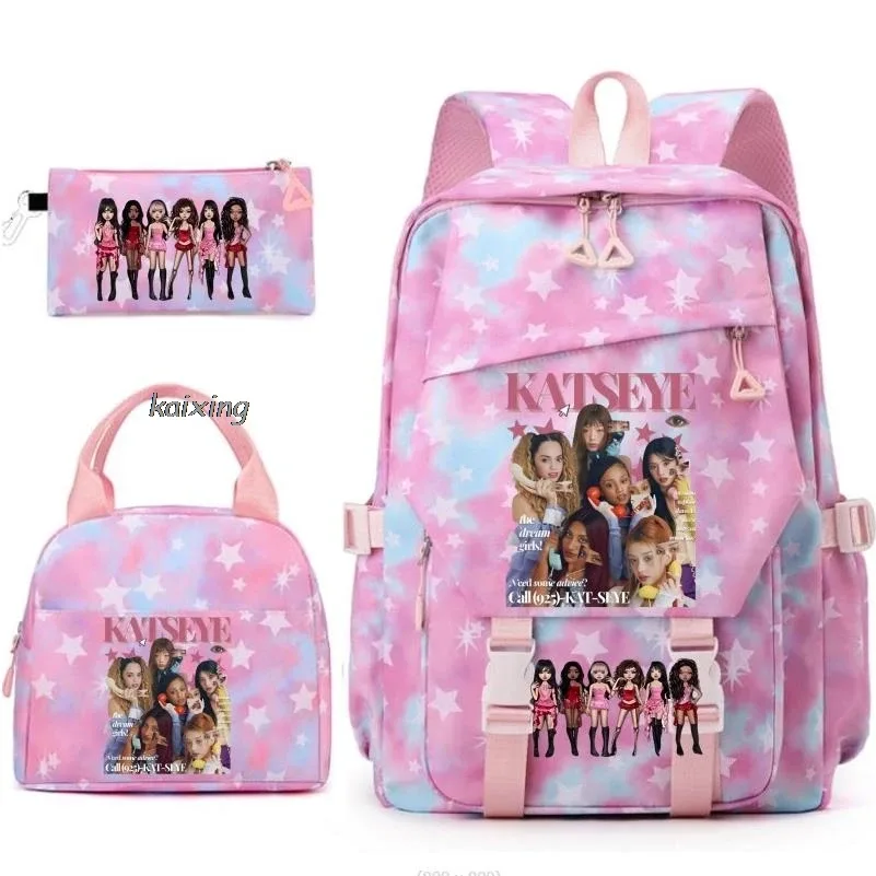 nouveaux sacs à dos katseye à imprimé amusant, 3 pièces/ensemble, sac d'école pour étudiants, sac de voyage pour adolescents, filles et garçons, sacs à lunch, sac à dos