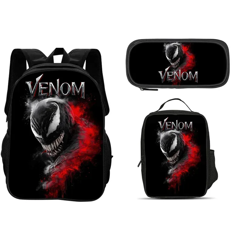 ensemble de 3 pièces du film venom : sac à dos + sac à lunch + trousse à crayons, papeterie de voyage à la mode, cadeau pour enfants, école, polyvalent