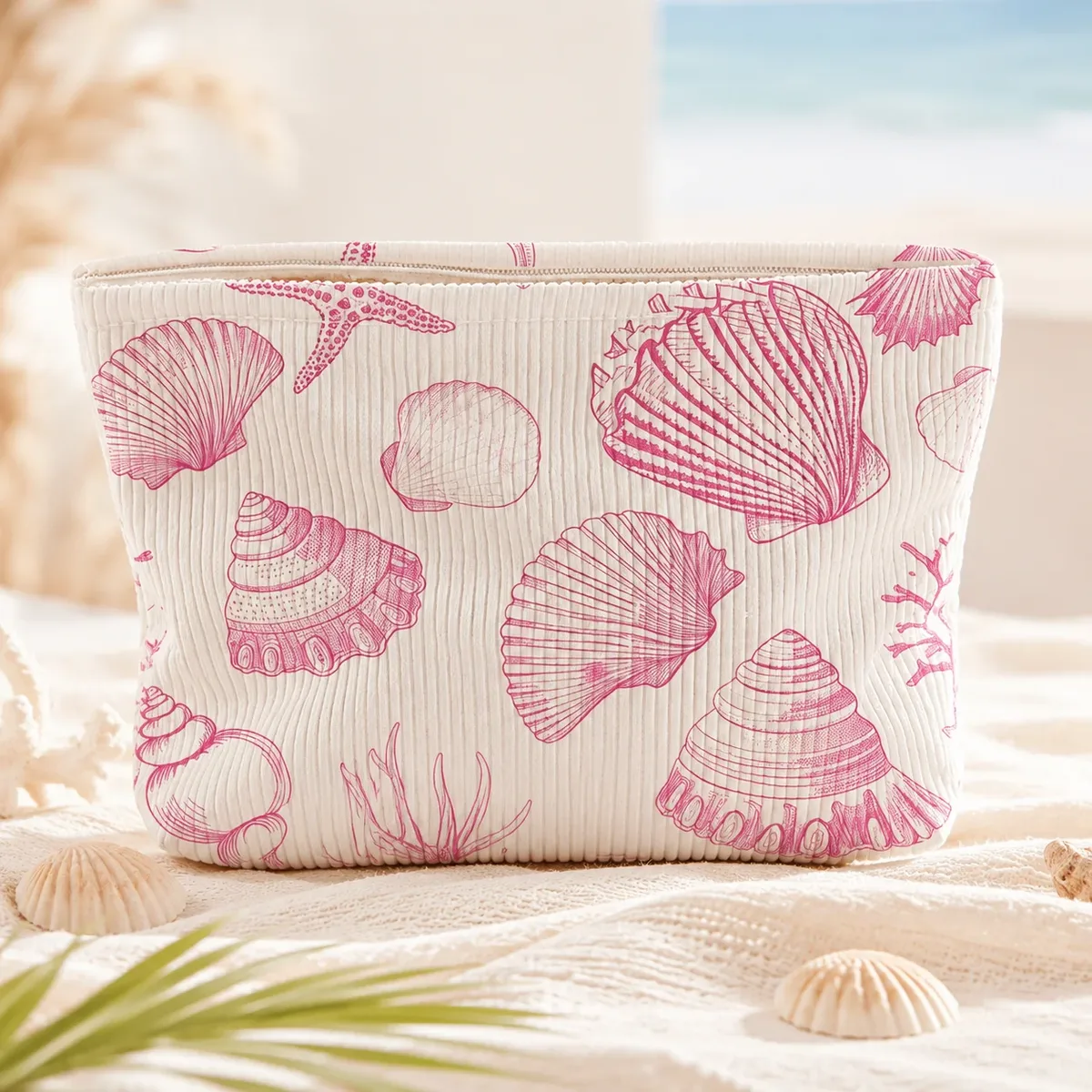 trousse de maquillage femme en velours côtelé rose imprimé coquillage grande capacité avec fermeture éclair pour voyage, plage et articles de toilette