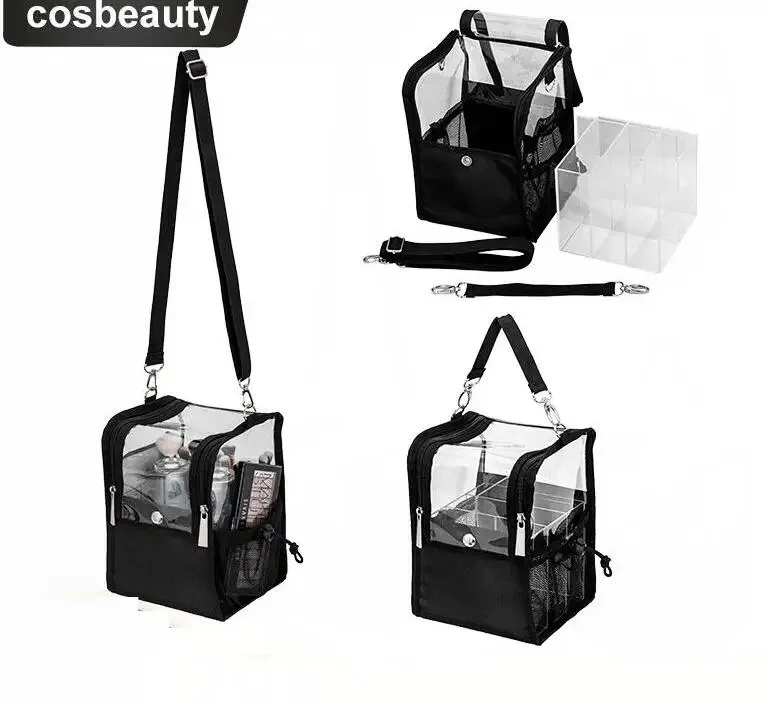 trousse de maquillage de voyage avec support de pinceau de maquillage, organisateur de synchronisation acrylique, sac cosmétique debout, sac d'artiste