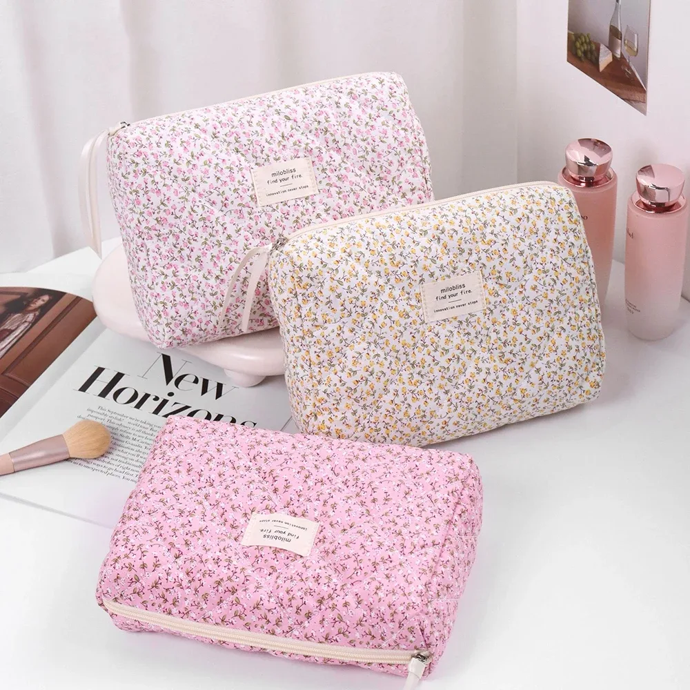 sac de rangement de cosmétiques matelassé imprimé floral pour femmes, organisateur de voyage, pochette de maquillage, fourre-tout carré pour dames, sac à main à fermeture éclair