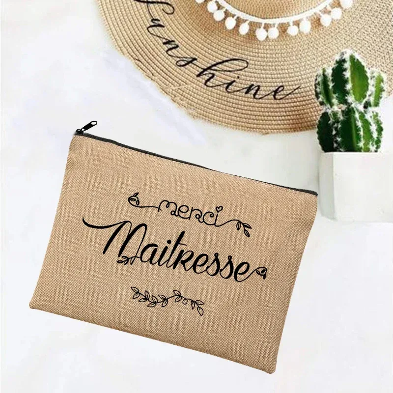 cadeau maitresse école cadeau maitresse trousse de maquillage sacs de maquillage en lin merci professeur impression française simple bracelet pochette plage papeterie stockage voyage organisateur étui cadeaux