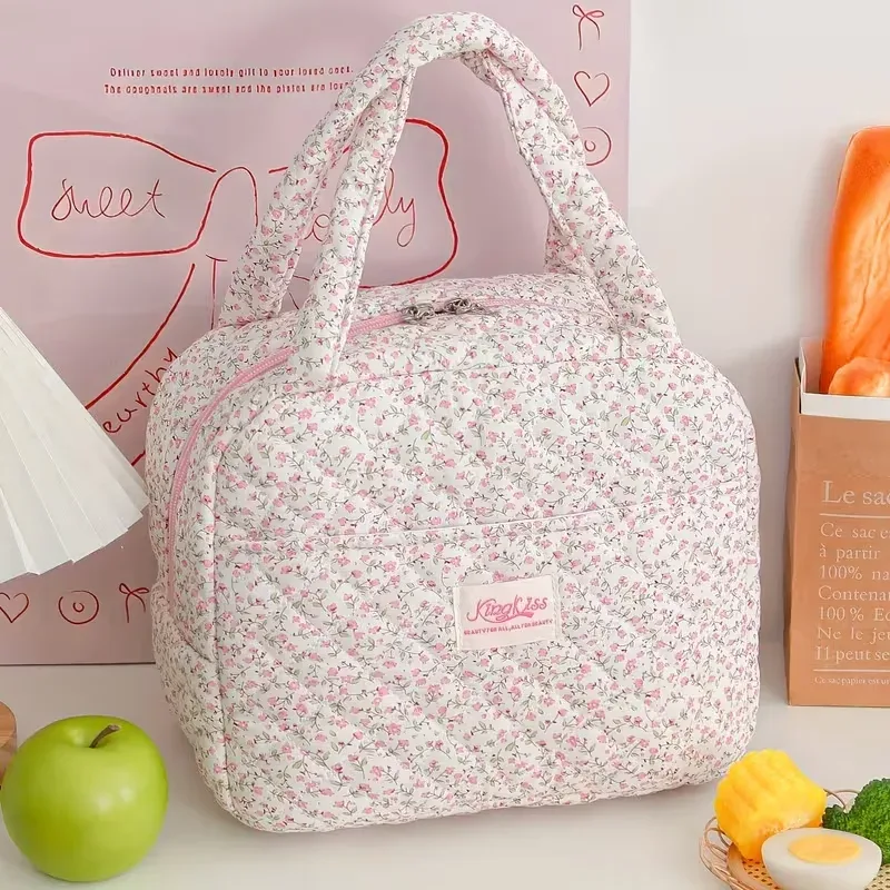 grande capacité - sac fourre-tout imprimé de jolies fleurs, fraises et cerises, pour garder les repas au chaud et au froid (non en contact avec les aliments)