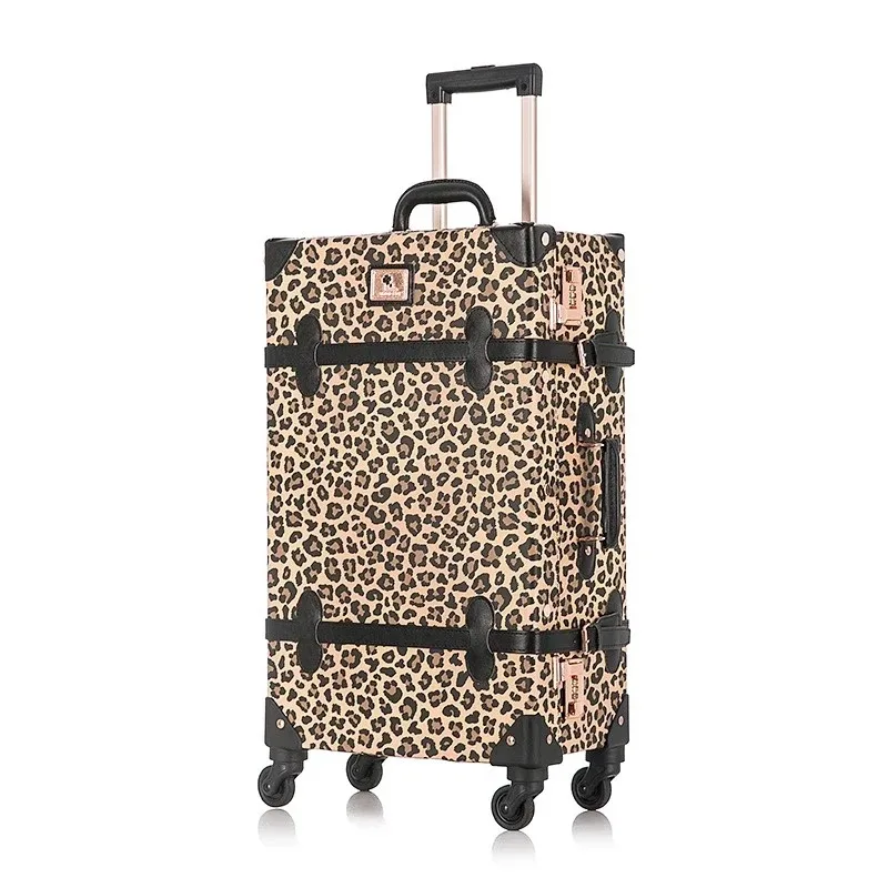 valise à roulettes en cuir imprimé léopard pour femmes, bagage rétro tendance, coffret d'embarquement de 20 pouces, valise étanche avec mot de passe