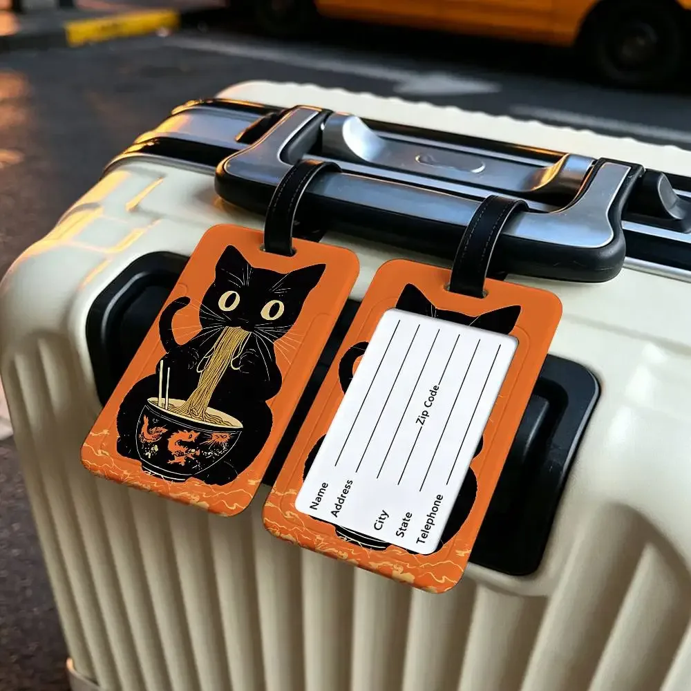 chat japonais mangeant des nouilles, étui pour carte d'information en toile imperméable, étiquette de bagage en pvc, identifiant anti-perte pour valise et sac à main