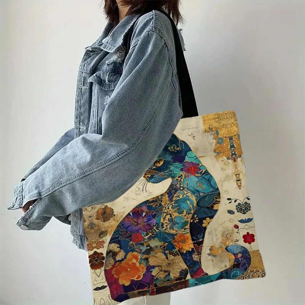 sac à main design floral chat, fourre-tout décoratif à motif rétro, sac à bandoulière à usage quotidien et décontracté, sac de courses pratique de grande capacité