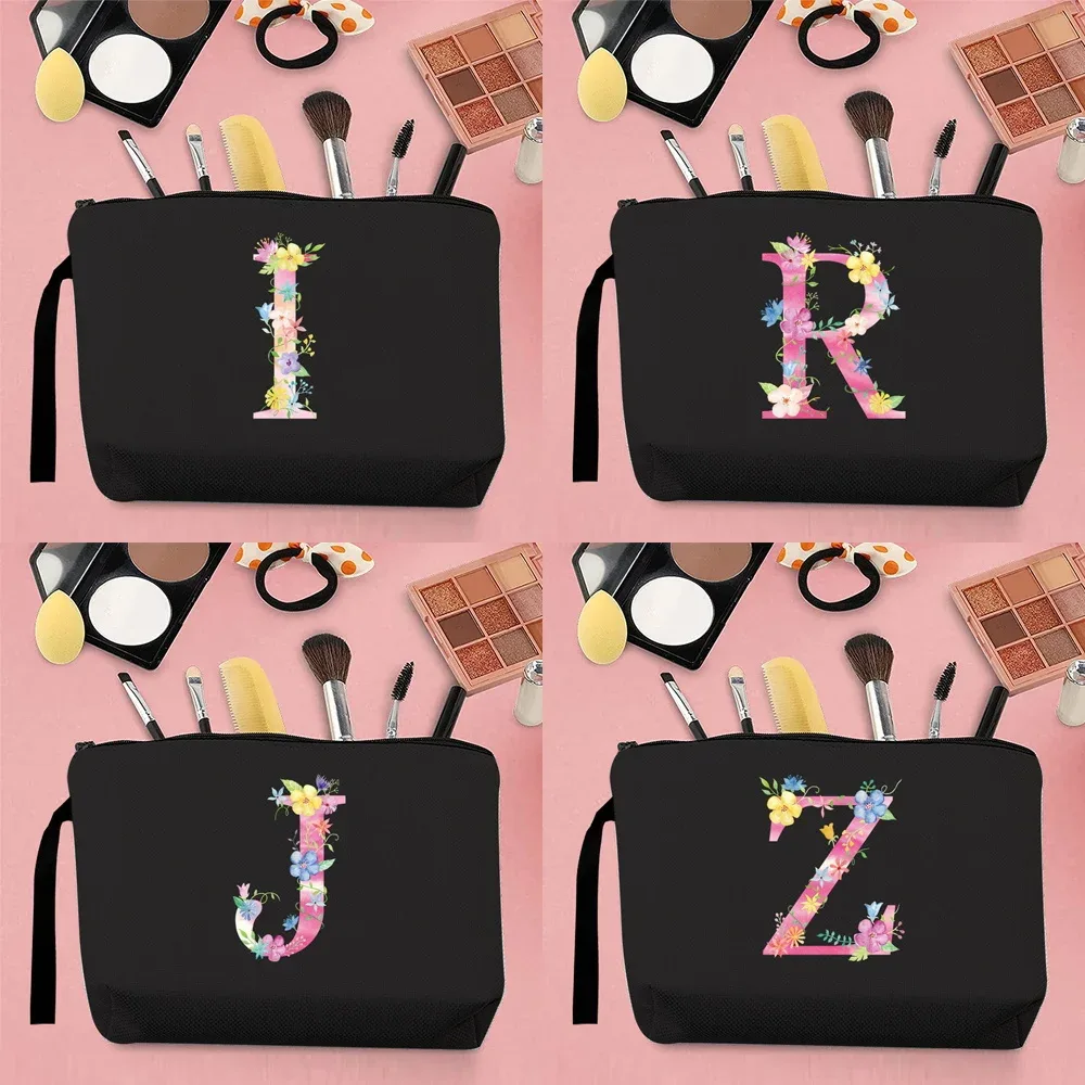 trousse de maquillage pour femmes, trousse de maquillage portable, trousse de maquillage de voyage pratique, sac à main en toile, motif de lettres roses, organisateur de bijoux