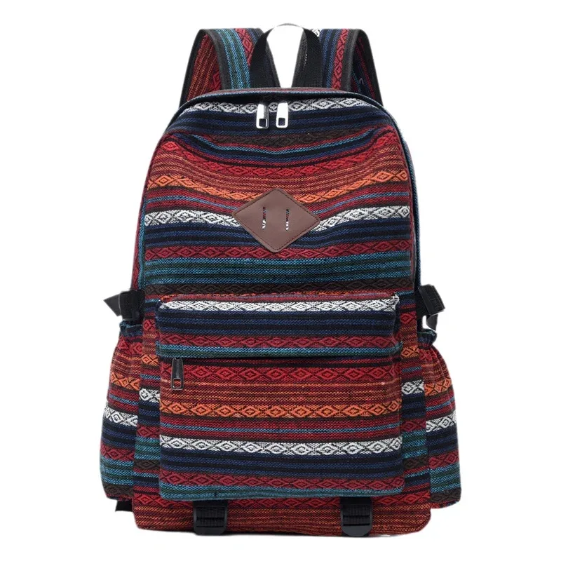 sac à dos de voyage décontracté en coton et lin, style ethnique, grande capacité, unisexe, pour loisirs en extérieur, résistant à l'usure, rayé