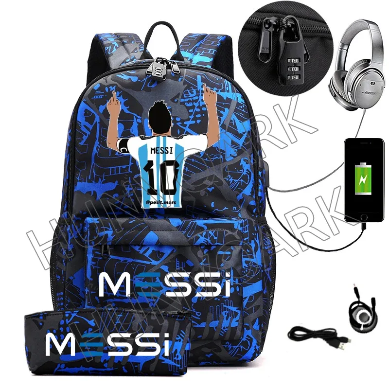 messi-sac à dos étanche avec chargeur usb, sac à dos de voyage décontracté, grande capacité, sacs d'école pour ordinateur portable, hommes et femmes